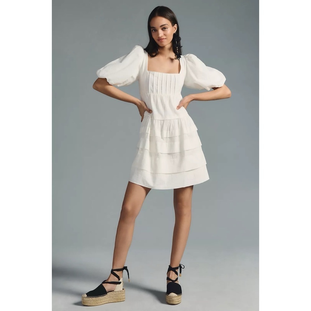 Anthropologie Dress Square-Neck Puff-Sleeve Tiered Mini Cotton White Sz XXS